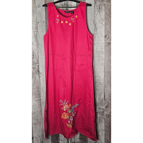 ASAPO Red Embroidered Sleeveless DRESS Floral Flowers Cotton Maxi Shift W Large - Picture 1 of 7